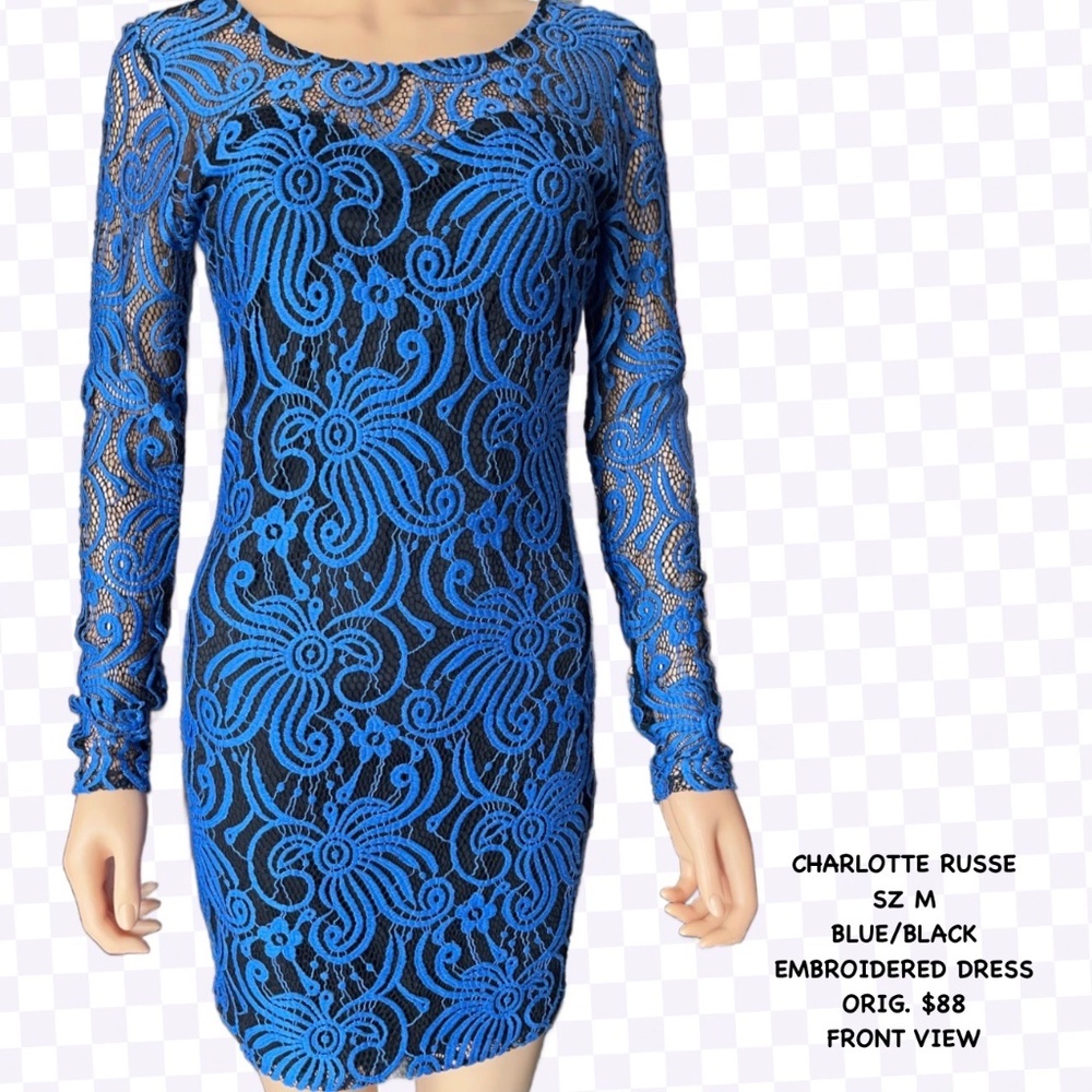 CHARLOTTE RUSSE  SZ M  BLUE/BLACK  EMBROIDERED  LINED DRESS